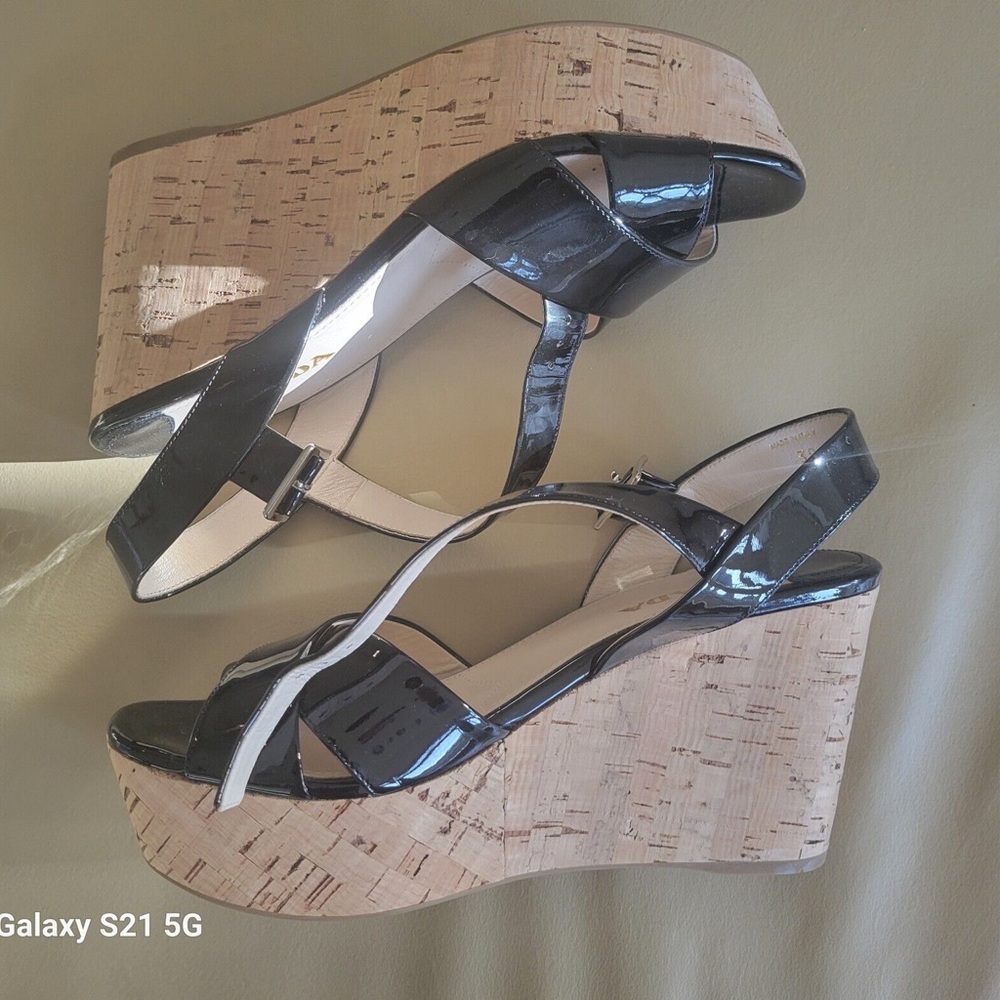 Prada Saffiano Patent Leather Black Cork Wedge Platform Sandals